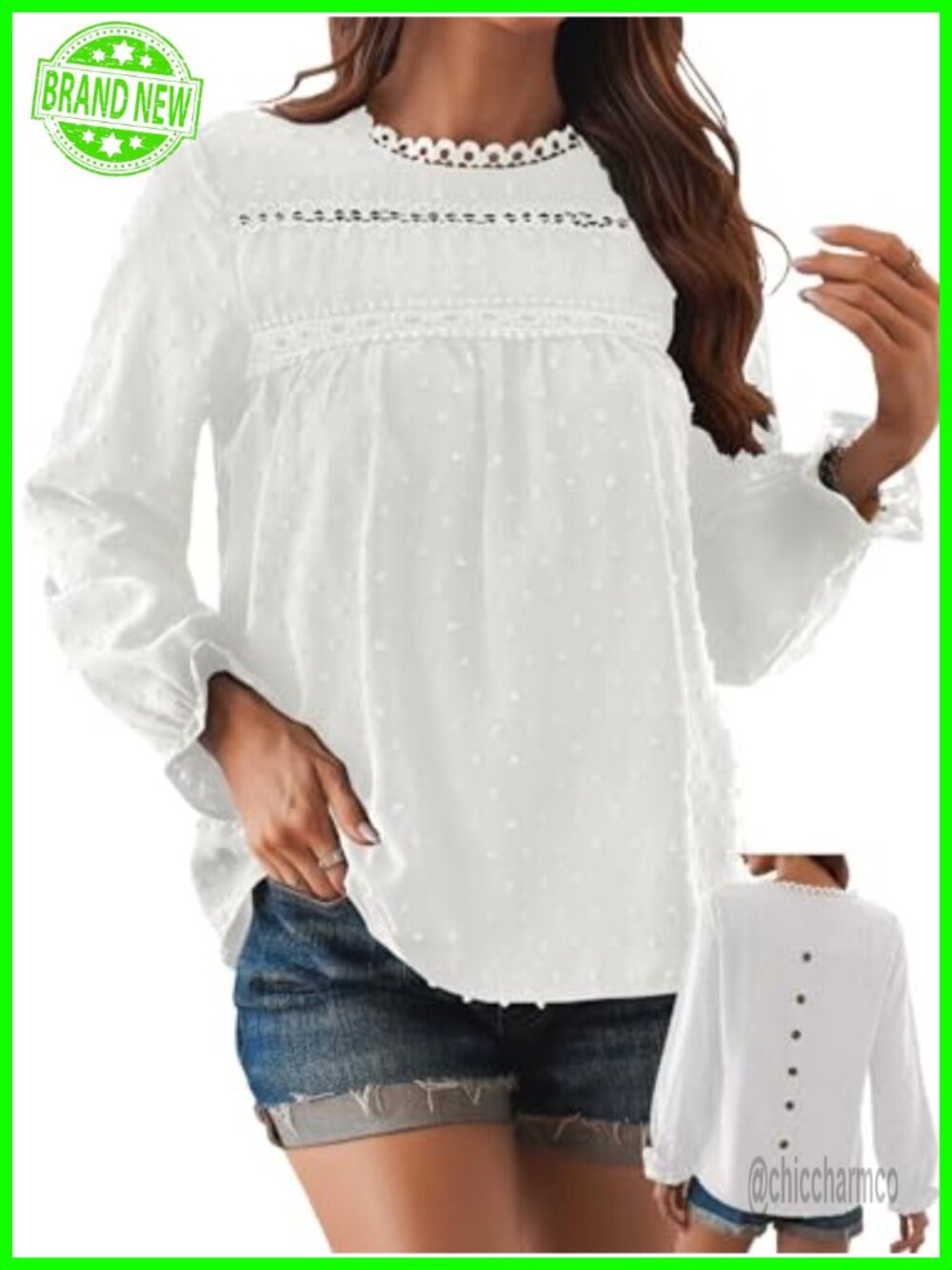 Womens Swiss Dot Ruffle Long Sleeve Crewneck Blouse Tunics